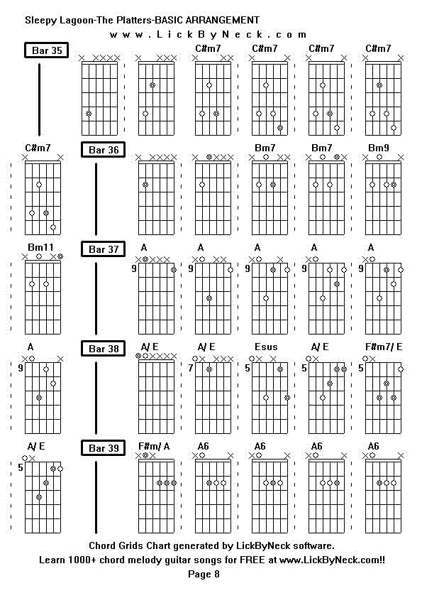 Chord Grids Chart of chord melody fingerstyle guitar song-Sleepy Lagoon-The Platters-BASIC ARRANGEMENT,generated by LickByNeck software.